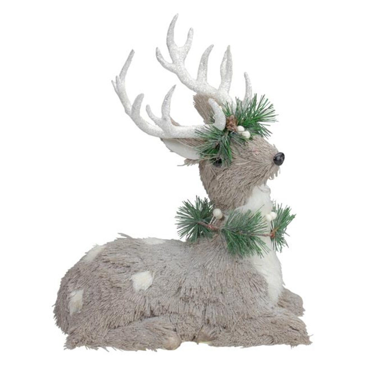 Northlight 34302465 12.75 in. Gray Sitting Sisal Reindeer with Wreath Christmas Figure